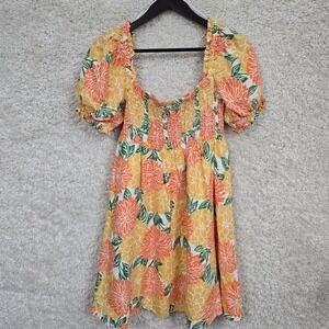 House of Harlow 1960 Floral Linen Mini Dress Women Medium Orange Yellow Smocked